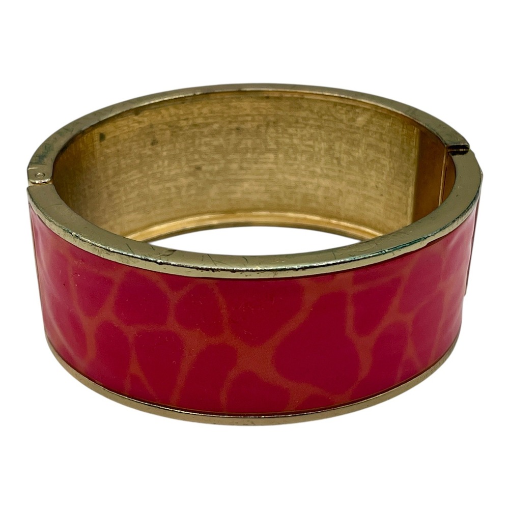 Pink Orange Giraffe Print Gold Tone‎ Hinged Bangle Cuff Bracelet Jewelry Enamel